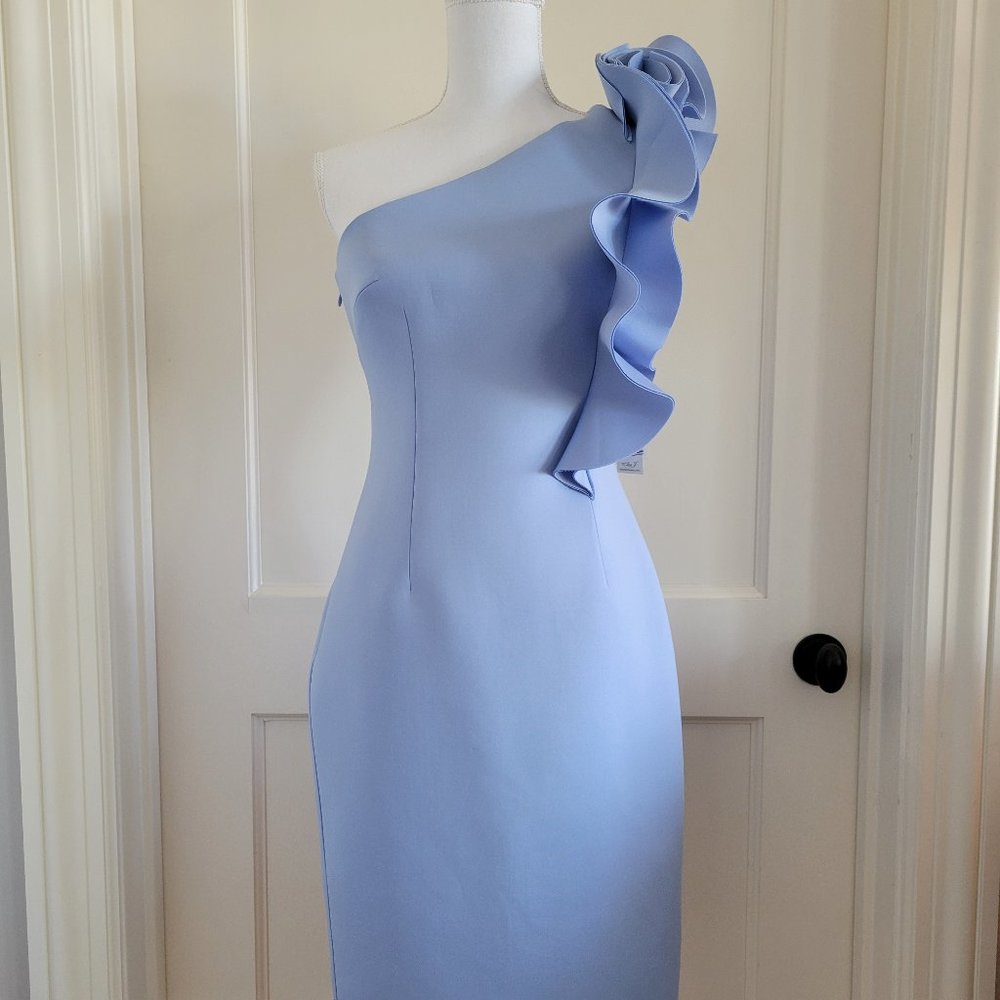 Eliza J One-shoulder Stretch Ruffle Scuba Sleeveless Sheath Dress NWT
